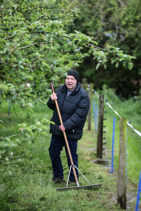 A person raking in the garden