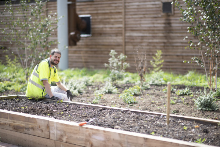 A person we support sitting by a flower bed in a garden smiling