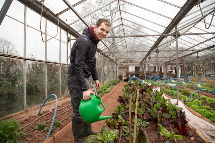 A person support in one of our green houses watering the plants and smiling