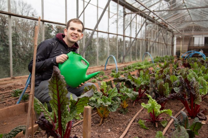 A person we support watering plants in a greenhouse and smiling