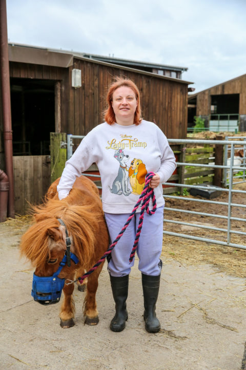 A person we support smiling and looking after a pony at one of our animal care and farming activities